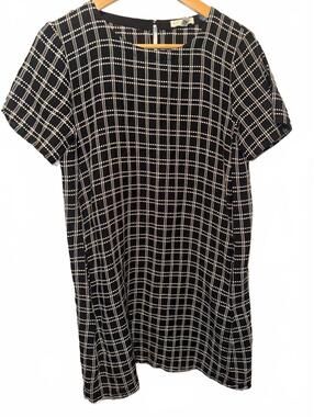 Eileen Fisher Black & White Plaid Shift Dress – Short Sleeve Minimalist Sz Xs